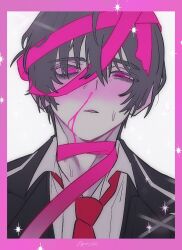  1boy black_coat black_hair black_vest blood bloodshot_eyes blush border choker coat collared_shirt commentary_request e.g.o_(project_moon) heart heart-shaped_pupils limbus_company looking_at_viewer necktie nosebleed parted_lips pink_blood pink_border pink_choker pink_ribbon project_moon red_necktie ribbon roseate_desire_(e.g.o) shirt simple_background solo symbol-shaped_pupils tama_launcher vest white_shirt yi_sang_(project_moon) 