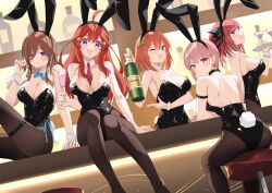  5girls alternate_costume animal_ears ass black_leotard black_pantyhose black_ribbon blue_eyes bow bowtie breasts butterfly_hair_ornament cleavage commentary_request detached_collar fake_animal_ears fake_tail go-toubun_no_hanayome green_ribbons hair_ornament hair_ribbon highleg highleg_leotard highres leotard long_hair multiple_girls nakano_ichika nakano_itsuki nakano_miku nakano_nino nakano_yotsuba orange_hair pantyhose pink_hair playboy_bunny profnote quintuplets rabbit_ears rabbit_tail ribbon short_hair siblings sisters star_(symbol) star_hair_ornament strapless strapless_leotard tail wrist_cuffs 