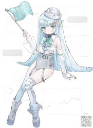  63suke android belt blue_eyes blue_hair boots bow detached_sleeves female flag full_body grey_footwear grey_sleeves grey_thighhighs hair_ornament hat highleg holding holding_flag leotard long_hair looking_at_viewer original qr_code see-through simple_background sitting solo thighhighs tour_guide very_long_hair white_background white_hat 