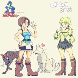  1boy 2girls blonde_hair boots breasts brown_hair canine capcom chest_harness cleavage clothes_around_waist company_connection crossover demento fiona_belli flying flying_sweatdrops harness heart hewie high_heel_boots high_heels jill_valentine low_ponytail mega_man_(character) mega_man_(classic) mega_man_(series) miniskirt multiple_girls ponytail resident_evil resident_evil_3:_nemesis rongoronko rush_(mega_man) short_hair skirt strapless tail tail_wagging tube_top waving zombie_dog 