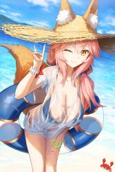  animal_ear_fluff animal_ears bad_id bad_twitter_id bikini bikini_under_clothes blue_bikini breasts crab ears_through_headwear fate/grand_order fate_(series) female fox_ears fox_girl fox_shadow_puppet fox_tail hat highres innertube kamo_ashi large_breasts long_hair looking_at_viewer one_eye_closed orange_tail outdoors pink_hair shirt smile solo straw_hat striped_umbrella sun_hat swim_ring swimsuit t-shirt tail tamamo_(fate) tamamo_no_mae_(swimsuit_lancer)_(fate) tamamo_no_mae_(swimsuit_lancer)_(first_ascension)_(fate) umbrella wet wet_clothes wet_shirt white_shirt yellow_eyes 