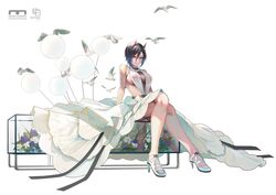  absurdres alternate_costume arm_support azur_lane black_hair breasts crossed_legs dress female full_body high_heels highres horns red_horns see-through see-through_dress sideboob simple_background sitting slingshot_dress solo ulrich_von_hutten_(azur_lane) wedding_dress weixiaoren white_background white_dress yellow_eyes 