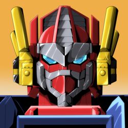  1boy ark_line autobot blue_eyes gradient_background highres looking_at_viewer mecha no_humans omega_prime orange_background portrait robot science_fiction solo straight-on transformers transformers_car_robots 