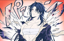  1boy bandages black_shirt blade_(honkai:_star_rail) blue_hair bursting_pectorals chest_sarashi closed_mouth collarbone collared_shirt dark_blue_hair earrings exploding_clothes feathers gradient_background hair_over_one_eye highres honkai:_star_rail honkai_(series) jewelry long_hair long_sleeves looking_to_the_side male_focus matsuki_tou open_clothes open_shirt pectorals red_background red_eyes sarashi shirt simple_background single_bare_shoulder single_earring solo standing torn_clothes v-shaped_eyebrows white_background 