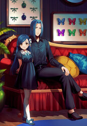  1boy arms_behind_back belt black_belt black_dress black_footwear black_pants black_shirt blue_footwear blue_hair bow bowtie braid brown_eyes bug butterfly closed_mouth collared_shirt couch dress dress_shirt female ferdinand_(honzuki_no_gekokujou) flower full_body hair_flower hair_intakes hair_ornament hand_on_own_knee honzuki_no_gekokujou indoors kaze-hime kneehighs long_hair long_sleeves looking_at_viewer mary_janes myne_(honzuki_no_gekokujou) pants parted_bangs pillow shirt shoes short_dress short_sleeves sitting smile socks standing straight_hair very_long_hair white_flower white_legwear wing_collar wooden_floor 