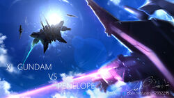  battle beam_rifle beam_saber character_name cloud cloudy_sky commentary_request duel energy_gun energy_sword english_text green_eyes gundam gundam_hathaway&#039;s_flash md5_mismatch mecha mobile_suit no_humans penelope_(hathaway&#039;s_flash) pixiv_id pixiv_logo resolution_mismatch robot science_fiction serike_w shield signature sky source_smaller sun sunlight sword twitter_logo twitter_username v-fin vs weapon xi_gundam 