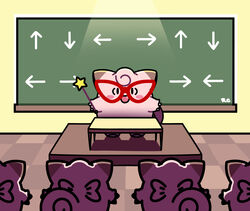  :d arrow_(symbol) artsy-rc black_eyes blush_stickers cat_eye-framed_eyewear chalkboard classroom claws clefairy commentary desk english_commentary glasses highres holding holding_wand indoors looking_at_viewer no_humans oerba_yun_fang open_mouth oversized_eyewear pokemon pokemon_(creature) pokemon_stadium red-framed_eyewear scene_reference signature smile solid_oval_eyes spotlight standing tile_floor tiles wand 