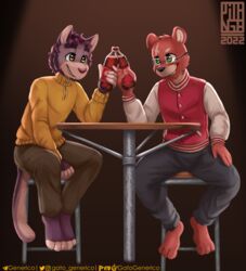  3_toes 5_fingers anthro barefoot barefoot05 bear beverage clothing domestic_cat duo eyewear feet felid feline felis fingers gatogenerico gene_(generico) glasses hi_res male male/male mammal toes 