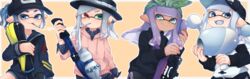  4girls absurdres akr_tmr blue_eyes blue_hair cigarette colored_tongue commentary_request dark-skinned_female dark_skin earrings green_eyes grey_eyes grey_hair grey_tongue hero_brella_(splatoon) heterochromia highres inkbrush_(splatoon) inkling inkling_girl inkling_player_character jewelry long_hair luna_blaster_(splatoon) multiple_girls pointy_ears purple_hair red_eyes short_hair short_ponytail smoking splat_charger_(splatoon) splatoon_(series) tentacle_hair thick_eyebrows tongue 