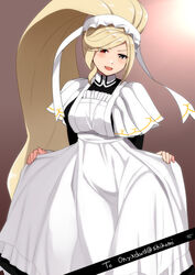  alternate_costume apron blonde_hair blush bonnet capelet commentary_request covered_groin curtsey english_text enmaided female grey_eyes head_tilt heterochromia high_ponytail hilda_(under_night_in-birth) long_hair looking_at_viewer maid maid_apron open_mouth red_eyes skirt_hold solo suzuna_(najaran) under_night_in-birth very_long_hair 