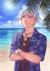  1boy absurdres beach blue_eyes blue_hair bracelet buttons closed_mouth cloud collarbone commentary_request crossed_arms day highres jen_(creylune) jewelry looking_at_viewer male_focus necklace official_alternate_costume outdoors pokemon pokemon_masters_ex sand shore short_hair short_sleeves signature sky smile solo steven_stone steven_stone_(summer_2020) sunglasses undershirt water watermark 