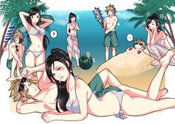  1boy ? angry arms_up ass babigonice bare_shoulders barefoot baseball_bat beach bikini black_hair blindfold blue_eyes breasts cleavage cloud_strife couple earrings eyewear_on_head feet female final_fantasy final_fantasy_vii final_fantasy_vii_remake food fruit high_ponytail holding holding_baseball_bat holding_removed_eyewear jewelry large_breasts long_hair looking_at_viewer lying midriff navel ocean on_back on_stomach palm_tree red_eyes sand sand_sculpture spiked_hair standing straight sunglasses swimsuit tifa_lockhart tree unworn_eyewear v watermelon white_bikini 