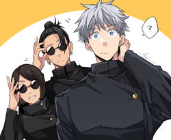  2boys ? adjusting_eyewear arm_behind_head arm_up black_hair black_jacket blue_eyes closed_mouth ear_piercing female gakuran getou_suguru gojou_satoru gusha_(orenji_hnkn) hair_between_eyes hair_bun hair_pulled_back high_collar ieiri_shoko jacket jujutsu_kaisen long_sleeves looking_at_viewer multiple_boys open_mouth piercing round_eyewear school_uniform short_hair simple_background single_hair_bun speech_bubble sunglasses swept_bangs teeth two-tone_background upper_body white_background white_hair yellow_background 