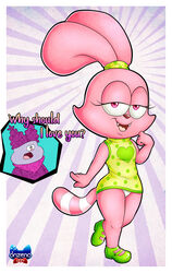  anthro bottomwear cartoon_network chowder chowder_(series) clothed clothing dialogue domestic_cat duo english_text felid feline felis female female_focus hi_res hybrid lagomorph leporid looking_at_viewer male male/female mammal onzeno open_mouth panini_(chowder) panties pink_body pink_eyes rabbit shirt smile standing teeth text thick_thighs tongue topwear underwear white_clothing white_panties white_underwear young 