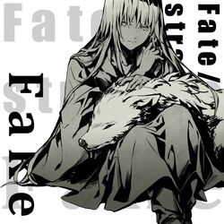  1other androgynous copyright_name enkidu_(fate) fate/strange_fake fate_(series) headpat high_contrast highres long_hair monochrome protected_link redoxhn sitting very_long_hair wolf wolf_(fate) 