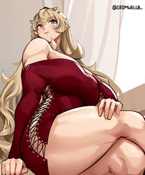  barghest_(fate) barghest_(like_a_lady)_(fate) blonde_hair breasts cromwellb cross-laced_clothes crossed_legs fate/grand_order fate_(series) female from_below heterochromia highres horns jewelry large_breasts long_hair looking_at_viewer looking_down muscular muscular_female off-shoulder_sweater off_shoulder red_sweater solo sweater thick_thighs thighs very_long_hair 