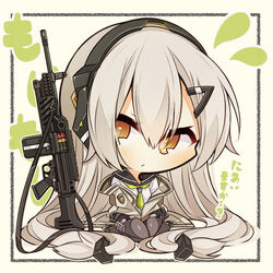  7:08 absurdres alternate_costume black_footwear black_skirt chibi closed_mouth commentary_request female full_body girls&#039;_frontline green_neckwear gun h&amp;k_mg4 hair_between_eyes hair_ornament hairclip highres jacket long_hair long_sleeves looking_at_viewer machine_gun mg4_(girls&#039;_frontline) mg4_(survival_club)_(girls&#039;_frontline) official_alternate_costume orange_eyes pantyhose school_uniform seiza serafuku sitting skirt solo translation_request very_long_hair weapon white_hair 