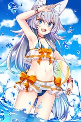  :d animal_ear_fluff animal_ears ball beachball bead_bracelet beads bikini blue_bikini blue_eyes blue_hair bracelet breasts character_request copyright_request day female highres holding holding_ball jewelry kida_kuro_mu light_blue_hair long_hair oerba_yun_fang open_mouth outdoors small_breasts smile swimsuit tail wading water 