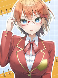  blue_eyes bokutachi_wa_benkyou_ga_dekinai bow breasts female glasses hand_up highres hoyhoy_colo large_breasts long_sleeves looking_at_viewer ogata_rizu open_mouth orange_hair red-framed_eyewear red_bow red_ribbon ribbon school_uniform short_hair solo upper_body 