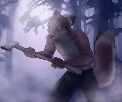  anthro axe blood bodily_fluids brown_body brown_fur canid canine clenched_teeth clothed clothing detailed_background fangs felling_axe fluffy fluffy_tail fox fur goya_(tashalisets) holding_object holding_weapon male mammal melee_weapon multicolored_body multicolored_fur open_mouth open_smile partially_clothed smile solo tail tashalisets teeth weapon yellow_eyes 