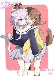  2girls absurdres animal_ears birthday braid brown_hair cat_ears cat_girl cat_tail closed_eyes commentary_request dog_ears dog_girl dog_tail gift happy_birthday highres hololive hug hug_from_behind idenshi_hina inugami_korone multiple_girls nekomata_okayu nekomata_okayu_(casual) pale_skin purple_eyes purple_hair tail translation_request virtual_youtuber yuri 