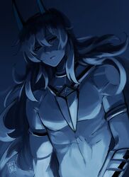  1boy arjuna_(fate) arjuna_alter_(fate) ayanobro bands blue_theme expressionless fate/grand_order fate_(series) glowing_horns highres horns jewelry long_hair looking_at_viewer male_focus monochrome solo topless_male 