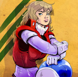  armor blonde_hair blue_eyes body_armor commentary damaged dirty english_commentary female gloves helmet highres houquet_et_rose ink_(medium) kikou_souseiki_mospeada lips looking_at_viewer mospeada mospeada_(mecha) power_armor realistic ride_armor robotech rook_bartley science_fiction serious sitting solo traditional_media unworn_headwear unworn_helmet upper_body vincent_riley western_comics_(style) 