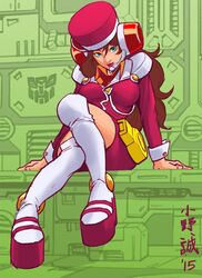  aged_up bad_id bad_twitter_id breasts brown_hair female hair_between_eyes head_tilt headset jacket large_breasts long_hair looking_at_viewer makoto_ono platform_footwear platform_heels red_headwear red_jacket red_skirt robot_ears sitting skirt smile solo t-ai_(transformers) thighhighs transformers transformers_car_robots uniform 