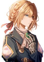  absurdres blonde_hair blue_eyes blue_jacket bolo_tie braid braided_bun closed_mouth commentary crown_braid expressionless female frown gem green_gemstone hair_between_eyes hair_bun hair_ribbon half-closed_eyes hand_on_own_chest hand_up highres ibuki_(ibuki0118) jacket jewelry juliet_sleeves lapels long_sleeves looking_ahead looking_down mechanical_hands necklace notched_lapels prosthesis prosthetic_hand puffy_sleeves red_ribbon ribbon shirt short_hair simple_background single_hair_bun single_mechanical_hand solo upper_body violet_evergarden violet_evergarden_(series) white_background white_shirt 