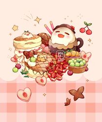  boo_tao_(genshin_impact) bug butter butterfly cherry chocolate commentary cup dessert english_commentary flower food food_focus foodification fruit fruit_tart genshin_impact ghost grapes highres hu_tao_(genshin_impact) leaf macaron mochi no_humans pancake peach peach_slice persimmon pocky red_flower souffle_(food) souffle_pancake sparkle tart_(food) whipped_cream yeurei 