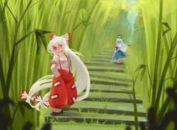  2girls absurdly_long_hair bamboo bamboo_forest black_footwear blue_dress blue_eyes blue_hair blue_headwear bow bright_pupils commentary dress eyebrows_hidden_by_hair footwear_bow forest fujiwara_no_mokou grass hair_between_eyes hairbow hands_in_pockets hands_on_lap hat hat_ribbon highres kamishirasawa_keine light_blue_hair long_hair looking_at_another looking_back multiple_girls nature no_mouth ofuda ofuda_on_clothes outdoors pants puffy_short_sleeves puffy_sleeves red_bow red_eyes red_pants red_ribbon ribbon shirt short_sleeves stairs standing suspenders sweet_reverie tokin_hat touhou very_long_hair white_bow white_hair white_pupils white_shirt 