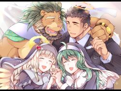  2boys 2girls :d animal_ears arsalan_(housamo) bara beard black_hair blush breasts brown_fur cape chest_hair closed_eyes couple facial_hair fangs fingernails formal furry furry_male furry_with_non-furry gabriel_(housamo) green_cape green_hair halo hand_on_another&#039;s_shoulder holding_hands husband_and_husband interlocked_fingers interspecies large_pectorals lion_boy lion_ears long_hair maria_(housamo) mature_male medium_hair multiple_boys multiple_girls muscular muscular_male necktie open_mouth pectorals sharp_fingernails short_hair smile striped_suit stubble suit tokyo_afterschool_summoners unworn_eyewear upper_body veil veins wafu_(youzora_samo18) wife_and_wife yaoi yuri zabaniyya_(housamo) 