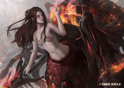  arachne arthropod_girl blunt_bangs breasts brown_hair chaos_witch_quelaag collarbone commentary copyright_name dark_souls_(series) dark_souls_i extra_eyes female fingernails fire floating_hair hair_over_breasts hand_up highres holding holding_sword holding_weapon long_fingernails long_hair looking_to_the_side medium_breasts monster_girl navel no_nipples nude parted_lips ponytail realistic red_eyes sidelocks solo spider_girl stomach sword taur weapon yinwoeren 