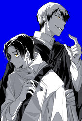  2boys blue_background closed_mouth cowboy_shot ear_piercing greyscale_with_colored_background gusha_(orenji_hnkn) hand_up high_collar highres jacket japanese_clothes jujutsu_kaisen kimono long_sleeves looking_away male_focus monochrome multicolored_hair multiple_boys okkotsu_yuuta parted_lips piercing school_uniform shirt short_hair simple_background spot_color standing tsurime two-tone_hair upper_body weapon_bag yellow_eyes zen&#039;in_naoya 