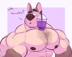  2019 abs anthro beverage biceps big_muscles black_nipples black_nose brown_body brown_fur bubble_tea canid canine canis clothed clothing domestic_dog donovan_(lizard_soup) ear_piercing eyebrows fur hands-free_bubble_tea hi_res huge_muscles lizard_soup male mammal meme multicolored_body multicolored_fur muscular muscular_anthro muscular_male nipples pecs piercing simple_background solo tan_body tan_fur text thick_eyebrows topless triceps two_tone_body two_tone_fur 