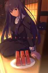  animal asagami_fujino black_cat black_dress blunt_bangs breasts commentary_request dress dust echo_(circa) fate/grand_order fate_(series) feline female food fruit kara_no_kyoukai light_rays long_hair long_sleeves looking_at_viewer medium_breasts parted_lips plate purple_hair red_eyes reien_girl&#039;s_academy_school_uniform school_uniform seiza sidelocks sitting smile straight_hair teeth twitter_username uniform watermelon watermelon_seeds watermelon_slice wooden_floor 