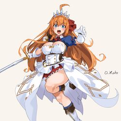  :o ahoge armor blue_eyes blue_socks blush boots bow braid breasts brown_footwear cleavage closed_eyes commentary female gloves hair_between_eyes highres holding holding_sword holding_weapon knee_up large_breasts long_hair looking_at_viewer o-ring oliver_koito open_mouth orange_bow orange_hair pauldrons pecorine_(princess_connect!) princess_connect! puffy_sleeves red_bow shoulder_armor simple_background single_pauldron socks solo standing standing_on_one_leg sword tiara very_long_hair weapon white_footwear white_gloves yellow_background yellow_bow 