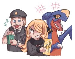  1boy angry ayyk92 blonde_hair blush bribery brown_hair clenched_teeth commentary cynthia_(pokemon) english_commentary english_text female garchomp hair_over_one_eye hat holding holding_money laughing long_hair money open_mouth pokemon pokemon_(creature) pokemon_dppt pokemon_swsh police police_hat police_officer_(pokemon) police_uniform sharp_teeth short_hair teeth uniform walkie-talkie watch 