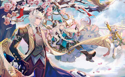  1boy 2girls animal_ears arknights arm_up binoculars black_coat black_footwear black_gloves black_legwear black_pants black_skirt blue_dress blue_headwear braid brown_scarf capelet cherry_blossoms chinese_commentary cliffheart_(arknights) cliffheart_(highlands_visitor)_(arknights) closed_mouth cloud coat commentary_request day dress earrings floating fur-trimmed_capelet fur-trimmed_hood fur_trim gloves grey_eyes grey_legwear hand_on_own_hip highres holding holding_snowball hood hooded_jacket jacket jewelry leopard_boy leopard_ears leopard_tail long_hair long_scarf looking_away multiple_girls official_alternate_costume open_clothes open_coat open_mouth outdoors pants pantyhose pramanix_(arknights) pramanix_(caster&#039;s_frost)_(arknights) ribbed_sweater running samo_(shichun_samo) scarf serious silverash_(arknights) silverash_(york&#039;s_bise)_(arknights) single_earring skirt snow snowball sweater tail tenzin_(arknights) thighhighs tree twin_braids waistcoat white_hair white_sweater yellow_jacket 