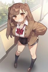  bandaid bandaid_on_knee bandaid_on_leg black_bra black_socks blunt_bangs blurry blurry_background blush bow bowtie bra bra_peek breasts brown_cardigan brown_footwear brown_hair button_gap cardigan chain_necklace chains chibi_kyonyuu cleavage collarbone collared_shirt commentary_request depth_of_field female from_above full_body grey_skirt grin hands_on_own_hips head_tilt highres indoors jewelry kneehighs kodama_(sakura_yuki) lace-trimmed_bra lace_trim leaning_forward light_particles loafers long_sleeves looking_at_viewer necklace open_cardigan open_clothes orange_eyes parted_bangs plaid plaid_skirt pleated_skirt red_bow red_bowtie sakura_yuki_(clochette) school_uniform shirt shirt_tucked_in shoes sidelocks skirt smile socks solo standing straight_hair tree two_side_up underwear window 