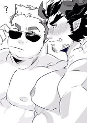  2boys bara blush broken_horn demon_boy demon_horns ear_blush embarrassed facial_hair fiery_horns from_side greyscale horns large_pectorals lily_(mahalikumahalita) long_sideburns looking_at_another male_focus mature_male monochrome multiple_boys muscular muscular_male nipples nose_blush nude pectoral_focus pectorals scar scar_on_neck short_hair sideburns stubble sunglasses takemaru_(housamo) thick_eyebrows tohno_motosumi tokyo_afterschool_summoners upper_body yaoi 