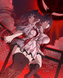  2girls :o absurdres antenna_hair black_thighhighs boots breasts brown_footwear capelet check_commentary collar commentary commentary_request dutch_angle eyeball eyelashes feet_out_of_frame fence frilled_skirt frills gabanborjarnon hair_between_eyes hair_intakes highres large_breasts legs long_hair looking_at_viewer looking_down looking_to_the_side miniskirt multiple_girls necktie outdoors parted_lips purple_eyes purple_hair red_necktie red_sky shirt short_hair siblings sidelocks sisters skirt sky small_breasts standing subarashiki_hibi thighhighs thighs tsui_no_sora very_long_hair wakatsuki_kagami wakatsuki_tsukasa white_capelet white_collar white_shirt white_skirt wind wind_lift zettai_ryouiki 