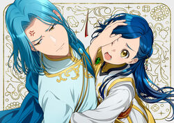  1boy anger_vein blue_hair closed_mouth dress female ferdinand_(honzuki_no_gekokujou) floating_hair framed grey_background hair_intakes half-closed_eyes honzuki_no_gekokujou hug kaze-hime long_hair looking_away looking_up myne_(honzuki_no_gekokujou) one_eye_closed open_mouth parted_bangs very_long_hair white_dress yellow_eyes 