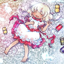  barefoot beer_can can chibi closed_eyes commentary_request dark-skinned_female dark_skin dress drink_can drooling drunk ebisu_eika female hand_on_own_chest hitodama holding holding_own_hair long_earlobes lying on_back open_mouth pote_(ptkan) puffy_short_sleeves puffy_sleeves short_hair short_sleeves solo sweatdrop touhou white_dress white_hair yebisu 