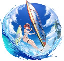  absurdres arm_strap artist_request azur_lane bare_shoulders birmingham_(azur_lane) birmingham_(to_where_the_wind_blows)_(azur_lane) blue_sky breasts casual_one-piece_swimsuit closed_mouth cloud cloudy_sky day earphones female game_cg goggles goggles_on_head highleg highleg_swimsuit highres holding logo looking_at_viewer medium_breasts non-web_source o-ring ocean official_alternate_costume official_art one-piece_swimsuit orange_hair outdoors palm_leaf palm_tree red_eyes shiny_skin short_hair sky surfboard swimsuit thigh_strap thighs transparent_background tree water water_drop wet windsurfing 