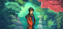  absurdres arm_guards artist_name bakumatsu_rouman bakumatsu_rouman_dainimaku bamboo belt black_eyes black_hair branch commentary cowboy_shot david_revoy english_commentary female forest hair_tie hakama hakama_skirt highres hip_vent holding holding_sword holding_weapon japanese_clothes krita_(medium) long_hair long_sleeves looking_away moss nature red_hakama rock sidelocks signature skirt snk solo sword takane_hibiki tied_hair tree weapon weapon_bag 