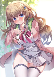  9-nine- :o absurdres arm_behind_back belt bloom blue_eyes blue_panties blush bow breasts brown_hair collar collarbone commentary dappled_sunlight eyelashes female gabanborjarnon green_collar grey_belt hair_between_eyes hand_on_own_chest head_tilt highres jacket kujou_miyako large_breasts leaning_forward long_hair long_sleeves looking_at_viewer miniskirt open_clothes open_jacket outdoors panties panty_peek pink_jacket pleated_skirt red_bow sidelocks skirt solo standing sunlight thigh_gap thighhighs tree underwear very_long_hair wavy_hair white_jacket white_skirt white_thighhighs wind wind_lift 