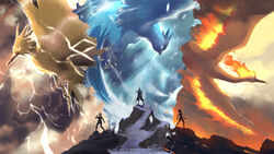  1boy 1other articuno battle bird blanche_(pokemon) blonde_hair candela_(pokemon) coat commentary electricity female fire highres kelvin-trainerk moltres pokemon pokemon_(creature) pokemon_go short_hair snow snowing spark_(pokemon) standing twitter_username zapdos 