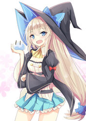  :d aizawa_azusa ascot black_hat black_jacket blonde_hair blue_bow blue_eyes blue_scrunchie blue_skirt blush bow braid commentary_request female floral_background frilled_skirt frills hair_between_eyes hair_ornament hair_scrunchie hand_up hat hat_bow highres hizaka jacket juliet_sleeves long_hair long_sleeves looking_at_viewer open_clothes open_jacket open_mouth pleated_skirt puffy_sleeves red_bow scrunchie shirt skirt sleeves_past_wrists slime_(creature) slime_taoshite_300_nen_shiranai_uchi_ni_level_max_ni_nattemashita smile solo very_long_hair white_background white_shirt wide_sleeves witch_hat yellow_ascot 