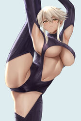  armpits arms_up artoria_pendragon_(fate) artoria_pendragon_(lancer_alter)_(fate) black_bodysuit bodysuit braid breasts center_opening closed_mouth fate/grand_order fate_(series) female french_braid highres large_breasts leg_lift leg_up long_hair looking_at_viewer revealing_clothes ribbed_bodysuit sidelocks solo split standing standing_on_one_leg standing_split turtleneck turtleneck_bodysuit underboob yamaneko_(tkdrumsco) yellow_eyes 